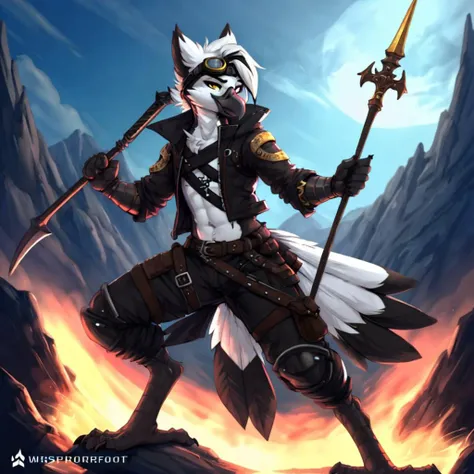 (by zackary911, by jarnqk, (by whisperfoot:1.2)), mogi yuusuke. outdoors, <lora:Anthro-Birds-v3.2.2-no_offset:1>Anthro, Avian, Bird, Beak,Emo, (twink), Pants, Black Jacket, Paws, Yellow Eyes, (Black Gray and White fur:1.2), White Hair, (Black Highlights in hair:1.1), (Small Cross Tattoo Under Right Eye:1.1), Detailed Fur, (Tail Feathers:1.3), Perfect Anatomy, fingerless gloves, jewelry, goggles, goggles on head,(seductive pose) <lora:mogi_yuusuke_offset:1>, punk armor, center opening, from side, helmet, holding, holding magic staff, looking to the side, navel, solo, weapon, black mage
