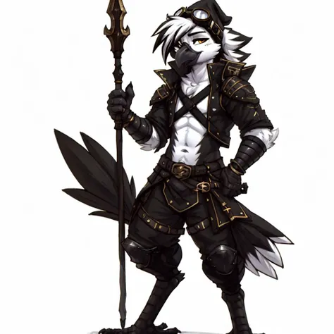(by zackary911, by jarnqk, (by whisperfoot:1.2)), mogi yuusuke. outdoors, <lora:Anthro-Birds-v3.2.2-no_offset:1>Anthro, Avian, Bird, Beak,Emo, (twink), Pants, Black Jacket, Paws, Yellow Eyes, (Black Gray and White fur:1.2), White Hair, (Black Highlights in hair:1.1), (Small Cross Tattoo Under Right Eye:1.1), Detailed Fur, (Tail Feathers:1.3), Perfect Anatomy, fingerless gloves, jewelry, goggles, goggles on head,(seductive pose) <lora:mogi_yuusuke_offset:1>, armor, center opening, from side, helmet, holding, holding weapon, looking to the side, navel, polearm, solo, upper body, weapon, white background, black mage