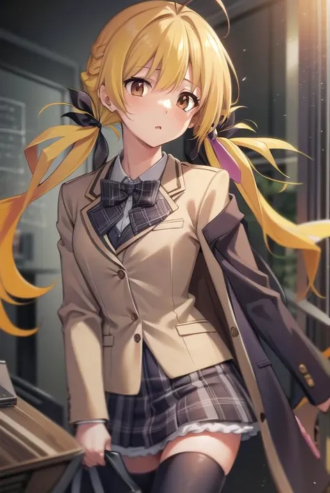 kozueorihara, <lora:kozueoriharatest:1>,
kozue orihara, long hair, (yellow hair:1.5), twintails, (brown eyes:1.5), antenna hair, ribbons, hair ribbon,
BREAK thighhighs, ribbon, school uniform, zettai ryouiki, plaid, blazer,
BREAK looking at viewer,
BREAK indoors, classroom,
BREAK <lora:GoodHands-vanilla:1>, (masterpiece:1.2), best quality, high resolution, unity 8k wallpaper, (illustration:0.8), (beautiful detailed eyes:1.6), extremely detailed face, perfect lighting, extremely detailed CG, (perfect hands, perfect anatomy),