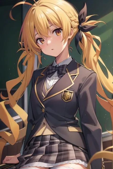 kozueorihara, <lora:kozueoriharatest:1>,
kozue orihara, long hair, (yellow hair:1.5), twintails, (brown eyes:1.5), antenna hair, ribbons, hair ribbon,
BREAK thighhighs, ribbon, school uniform, zettai ryouiki, plaid, blazer,
BREAK looking at viewer,
BREAK indoors, classroom,
BREAK <lora:GoodHands-vanilla:1>, (masterpiece:1.2), best quality, high resolution, unity 8k wallpaper, (illustration:0.8), (beautiful detailed eyes:1.6), extremely detailed face, perfect lighting, extremely detailed CG, (perfect hands, perfect anatomy),