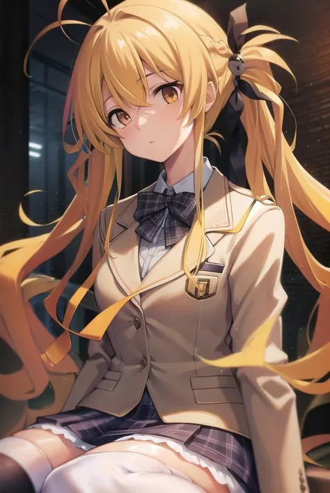 kozueorihara, <lora:kozueoriharatest:1>,
kozue orihara, long hair, (yellow hair:1.5), twintails, (brown eyes:1.5), antenna hair, ribbons, hair ribbon,
BREAK thighhighs, ribbon, school uniform, zettai ryouiki, plaid, blazer,
BREAK looking at viewer,
BREAK indoors, classroom,
BREAK <lora:GoodHands-vanilla:1>, (masterpiece:1.2), best quality, high resolution, unity 8k wallpaper, (illustration:0.8), (beautiful detailed eyes:1.6), extremely detailed face, perfect lighting, extremely detailed CG, (perfect hands, perfect anatomy),