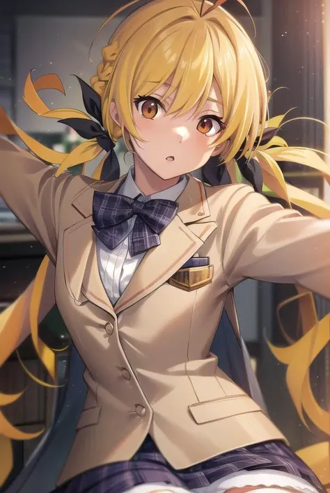kozueorihara, <lora:kozueoriharatest:1>,
kozue orihara, long hair, (yellow hair:1.5), twintails, (brown eyes:1.5), antenna hair, ribbons, hair ribbon,
BREAK thighhighs, ribbon, school uniform, zettai ryouiki, plaid, blazer,
BREAK looking at viewer,
BREAK indoors, classroom,
BREAK <lora:GoodHands-vanilla:1>, (masterpiece:1.2), best quality, high resolution, unity 8k wallpaper, (illustration:0.8), (beautiful detailed eyes:1.6), extremely detailed face, perfect lighting, extremely detailed CG, (perfect hands, perfect anatomy),