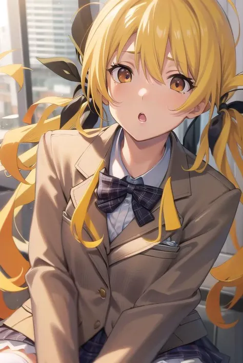 kozueorihara, <lora:kozueoriharatest:1>,
kozue orihara, long hair, (yellow hair:1.5), twintails, (brown eyes:1.5), antenna hair, ribbons, hair ribbon,
BREAK thighhighs, ribbon, school uniform, zettai ryouiki, plaid, blazer,
BREAK looking at viewer,
BREAK indoors, classroom,
BREAK <lora:GoodHands-vanilla:1>, (masterpiece:1.2), best quality, high resolution, unity 8k wallpaper, (illustration:0.8), (beautiful detailed eyes:1.6), extremely detailed face, perfect lighting, extremely detailed CG, (perfect hands, perfect anatomy),