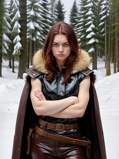 (masterpiece, best quality, absurdres), 1girl, solo, frowning, cowboy shot, rsonj, green eyes, <lora:RedSonja_V1-Manityro:1.0>, crossed arms, brown leather pants, armored dress, fur cloak, muscular, outdoors, forest, snow.   <lora:picxer_real:1>