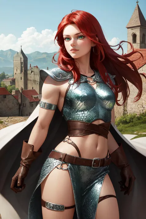 (masterpiece, best quality, absurdres), 1girl, solo, cowboy shot, rsonj, green eyes, <lora:RedSonja_V1-Manityro:1.0>, cloak, armor, chainmail, brown gloves, muscular, outdoors, medieval village