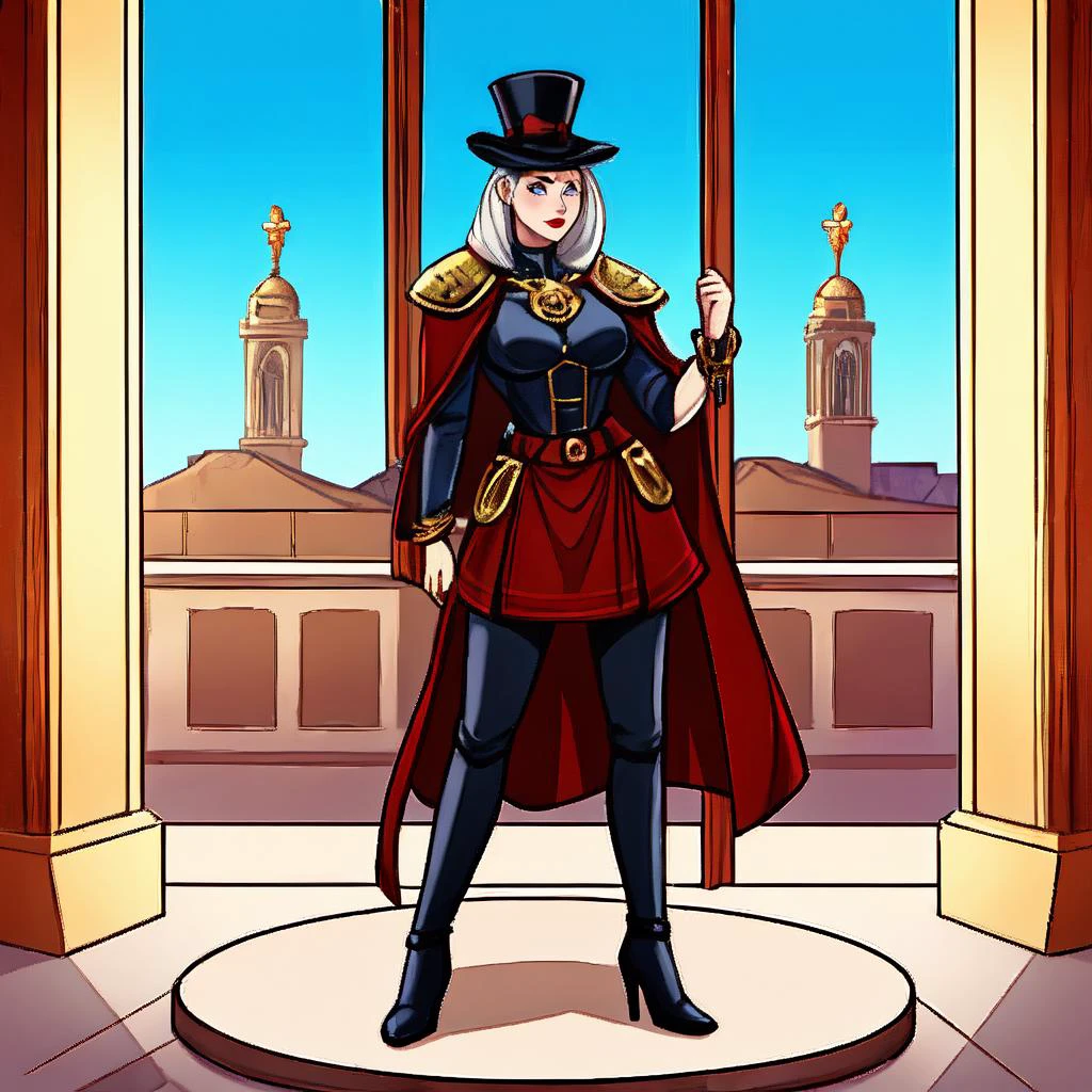 nqstrman, 1girl, solo, armor, full body, standing, cape, skull, long hair, chain, breastplate, white hair, tabard, greaves, pelvic curtain, high heel boots, dress, bracelet, top hat, pulp_comic, heavy_lines, hand_drawn, hand_inked, hand_colored, perfect_face, sunshine, blue_skies, high_windows, palace, marble, noblemen, servants,