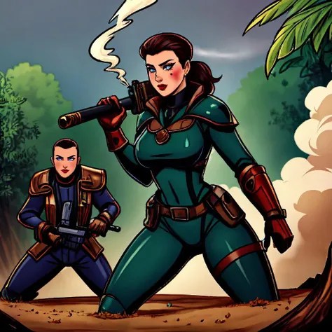 nqstrman, armor, holding weapon, cape, 1girl, dual wielding, chainmail, jacket, bodysuit, pulp_comic, heavy_lines, hand_drawn, hand_inked, hand_colored, perfect_face, battlefield, mud, smoke, craters, trenches, bunkers, jungle, soldiers,