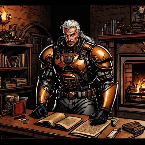 nqstrman, armor, male focus, 1boy, gloves, looking at viewer, facial hair, long hair, scar, white hair, military uniform, power armor, chainmail, scar on face, pulp_comic, heavy_lines, hand_drawn, hand_inked, hand_colored, perfect_face, study, metal_walls, wires, pipes, fireplace, ornate_desk, scrolls, glowing_screen, books, data,
