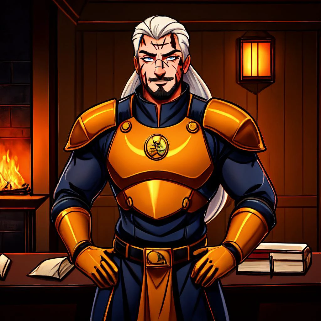 nqstrman, armor, male focus, 1boy, gloves, looking at viewer, facial hair, long hair, scar, white hair, military uniform, power armor, chainmail, scar on face, pulp_comic, heavy_lines, hand_drawn, hand_inked, hand_colored, perfect_face, study, metal_walls, wires, pipes, fireplace, ornate_desk, scrolls, glowing_screen, books, data,