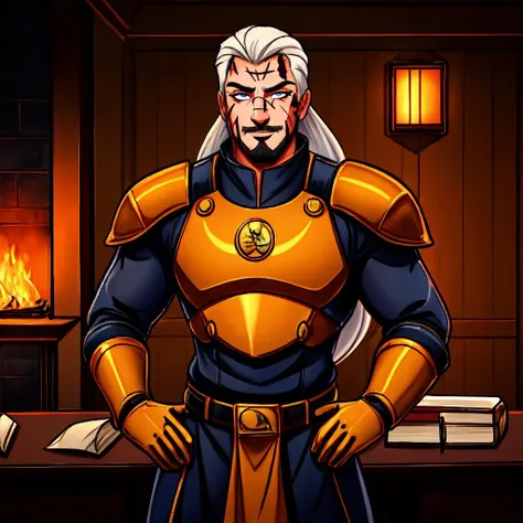 nqstrman, armor, male focus, 1boy, gloves, looking at viewer, facial hair, long hair, scar, white hair, military uniform, power armor, chainmail, scar on face, pulp_comic, heavy_lines, hand_drawn, hand_inked, hand_colored, perfect_face, study, metal_walls, wires, pipes, fireplace, ornate_desk, scrolls, glowing_screen, books, data,