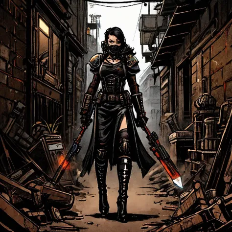 nqstrman, solo, armor, weapon, holding weapon, 1girl, mask, rifle, uniform, military, high heel boots, handgun, eyepatch, pulp_comic, heavy_lines, hand_drawn, hand_inked, hand_colored, perfect_face, grimdark, dark_fantasy, red_glow, metal_walls, dirty_alleyway, underhive,