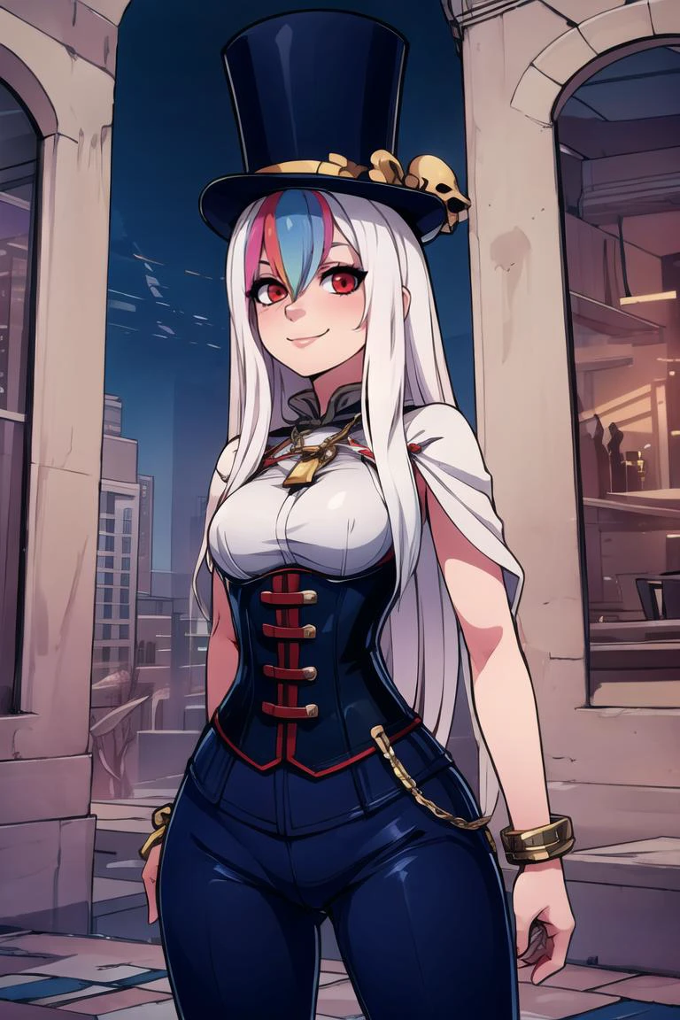 ((masterpiece,best quality)), absurdres,
 <lora:Inquisitor_Warhammer_40000:0.8>
nqstrman, skull, 
<lora:Roxy_Citron_OC_AnyLora:0.8>,
Roxy_Citron_OC,  1girl, solo, red eyes, white hair, rainbow hair, long hair, streaked hair, hair between eyes, 
armor, standing, cape, skull, long hair, chain, breastplate, white hair, tabard, greaves, (corset:1.1), leather pants, bracelet, top hat, heavy_lines, sunshine, blue_skies, high_windows, palace, marble, noblemen, 
looking at viewer, smile, cowboy shot, smirk, evil smile,