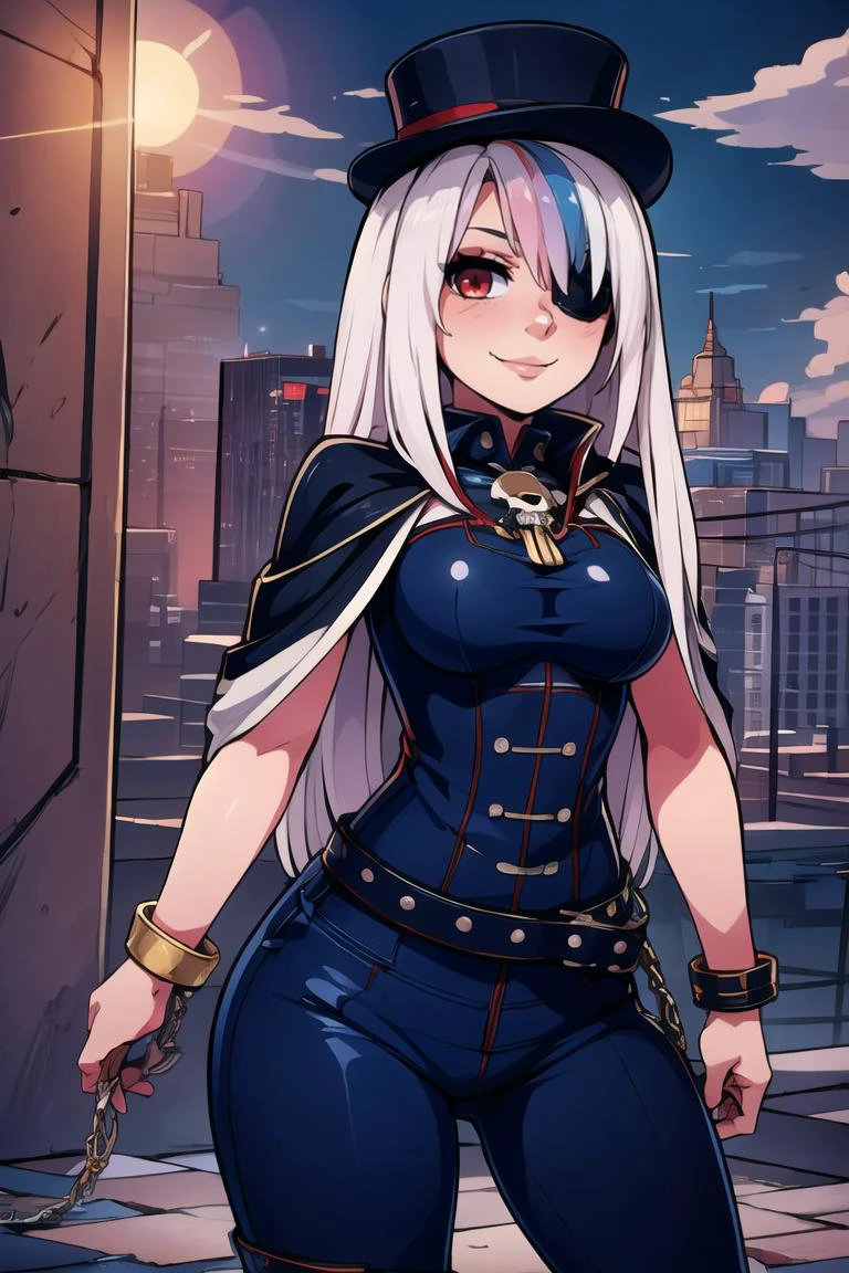 ((masterpiece,best quality)), absurdres,
<lora:Inquisitor_Warhammer_40000:0.8>
nqstrman, skull, Ca
<lora:Roxy_Citron_OC_AnyLora:0.8>,
Roxy_Citron_OC, 1girl, solo, red eyes, white hair, rainbow hair, long hair, streaked hair, hair between eyes,
armor, standing, cape, skull, long hair, chain, breastplate, white hair, tabard, greaves, (red corset:1.1), belts, steampunk, leather pants,
red breastplate, rifle, uniform, military, eyepatch,
bracelet, top hat, heavy_lines, sunshine, blue_skies, high_windows, palace, marble, noblemen,
looking at viewer, smile, cowboy shot, smirk, evil smile,