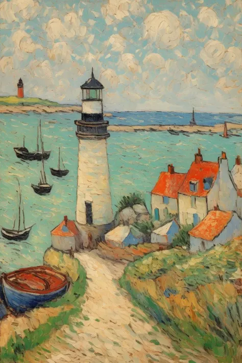 <lora:Maxime Maufra Style:1>Maxime Maufra Style - Charles Angrand landscape painting panoramic view of a picturesque seaside village with a harbor, fishing boats, and a lighthouse in the distance, mosaic style with thick brush strokes