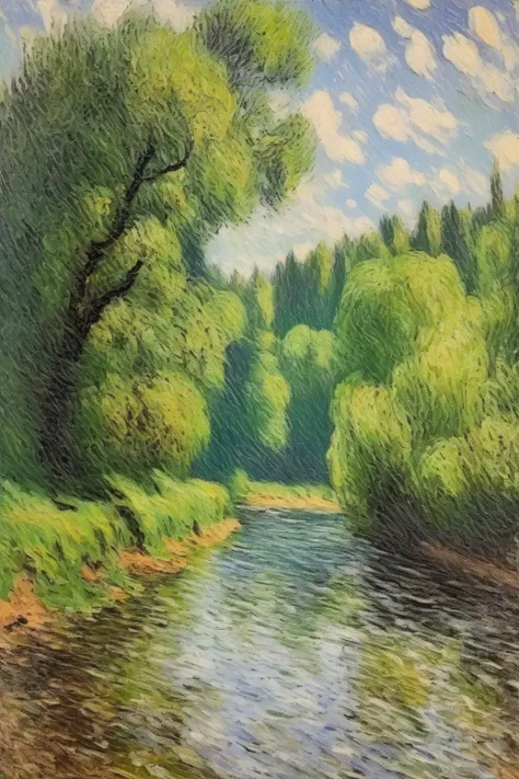 <lora:Maxime Maufra Style:1>Maxime Maufra Style - Tranquil river flowing through a lush forest landscape