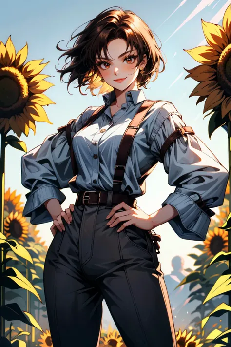 ((ultra detailed, masterpiece, absurdres))
 <lora:TKAsuka:0.8>
TKAsuka, 1girl, brown hair, brown eyes, surrounded by sunflowers in a bright field, smiling, with hands on hips