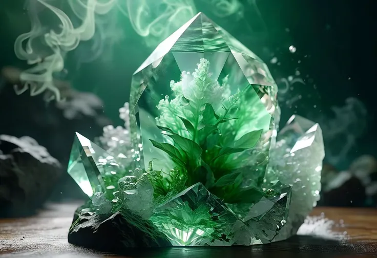 masterpiece, best quality, 8k, professional , by famous artist , trending on artstation, intricated details, detailed,   realsitic, boekh , photorealistic,  dark shadows, natural light, dramatic,  source realistic, Green smoke enveloping a crystal: Photograph a clear quartz crystal or other transparent object with the green smoke swirling around it, creating a mystical and ethereal atmosphere.