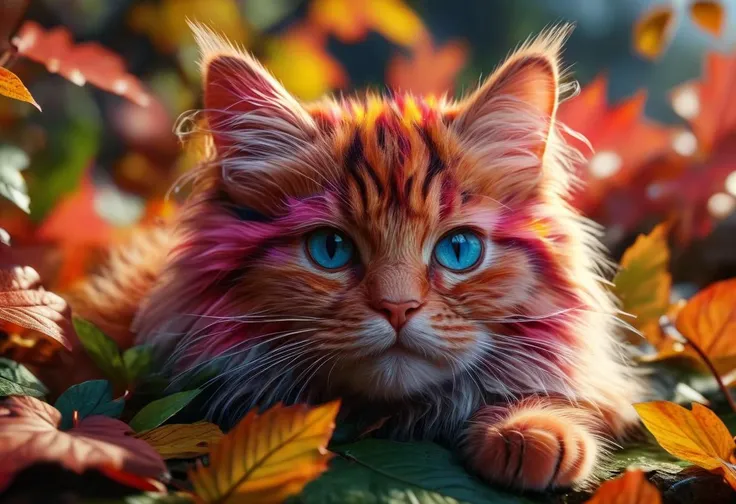 super cute pink fluffy cat, lovely , lie on leafs, vivid colors, colorfull, autumn ,source_realsitic, realistic, photorealisitc, masterpiece , best quality, BREAK, perfect detailed face, intricated skin, realistic, extremely detailed,, dark shadows,, hard light hard shadows, , shallow depth of field, vignette, highly detailed, 8k, best quality, dark, rim lights, cinematic shadows, ultra sahrp, ultra clear , score_9, score_8_up, score_7_up, <lora:detailed_notrigger:1> dark shadows