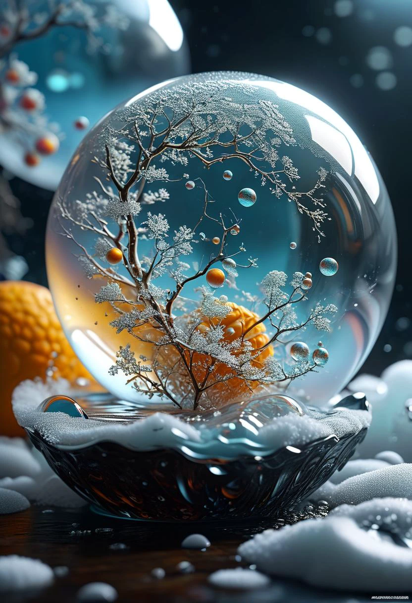 masterpiece, best quality, 8k, professional , by famous artist , trending on artstation, intricated details, detailed, realsitic, boekh , photorealistic, dark shadows, natural light, dramatic, source realistic, Frozen Bubbles: Capture the intricate patterns and shapes of soap bubbles frozen in time, showcasing the delicate and ephemeral nature of these ethereal structures.