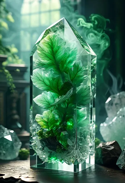 masterpiece, best quality, 8k, professional , by famous artist , trending on artstation, intricated details, detailed, realsitic, boekh , photorealistic, dark shadows, natural light, dramatic, source realistic, Green smoke enveloping a crystal: Photograph a clear quartz crystal or other transparent object with the green smoke swirling around it, creating a mystical and ethereal atmosphere.