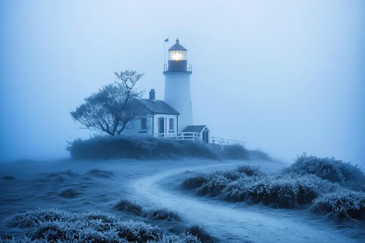 The island lighthouse in 'Melancholy Mists', enveloped by gentle, melancholic layers of midnight blue fog, evoking the introspective beauty of memories past in the delicate unfurling frost tendrils
