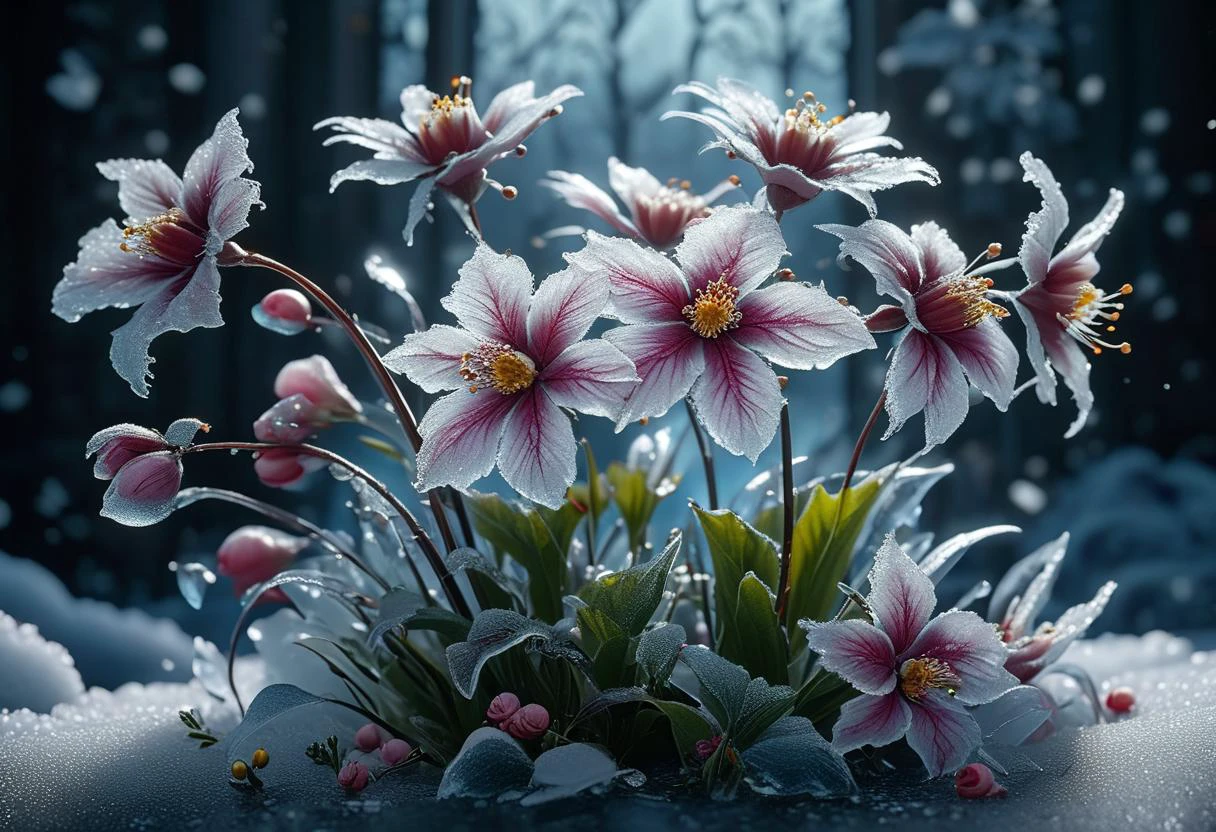 masterpiece, best quality, 8k, professional , by famous artist , trending on artstation, intricated details, detailed, realsitic, boekh , photorealistic, dark shadows, natural light, dramatic, source realistic, Frozen Flowers: Photograph the ethereal beauty of flowers frozen in time, preserving their fragile petals and delicate forms.