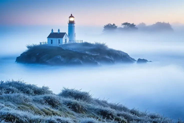 The island lighthouse at dawn in 'Melancholy Mists', enveloped by gentle, melancholic layers of midnight blue fog, evoking the introspective beauty of memories past in the delicate unfurling frost tendrils