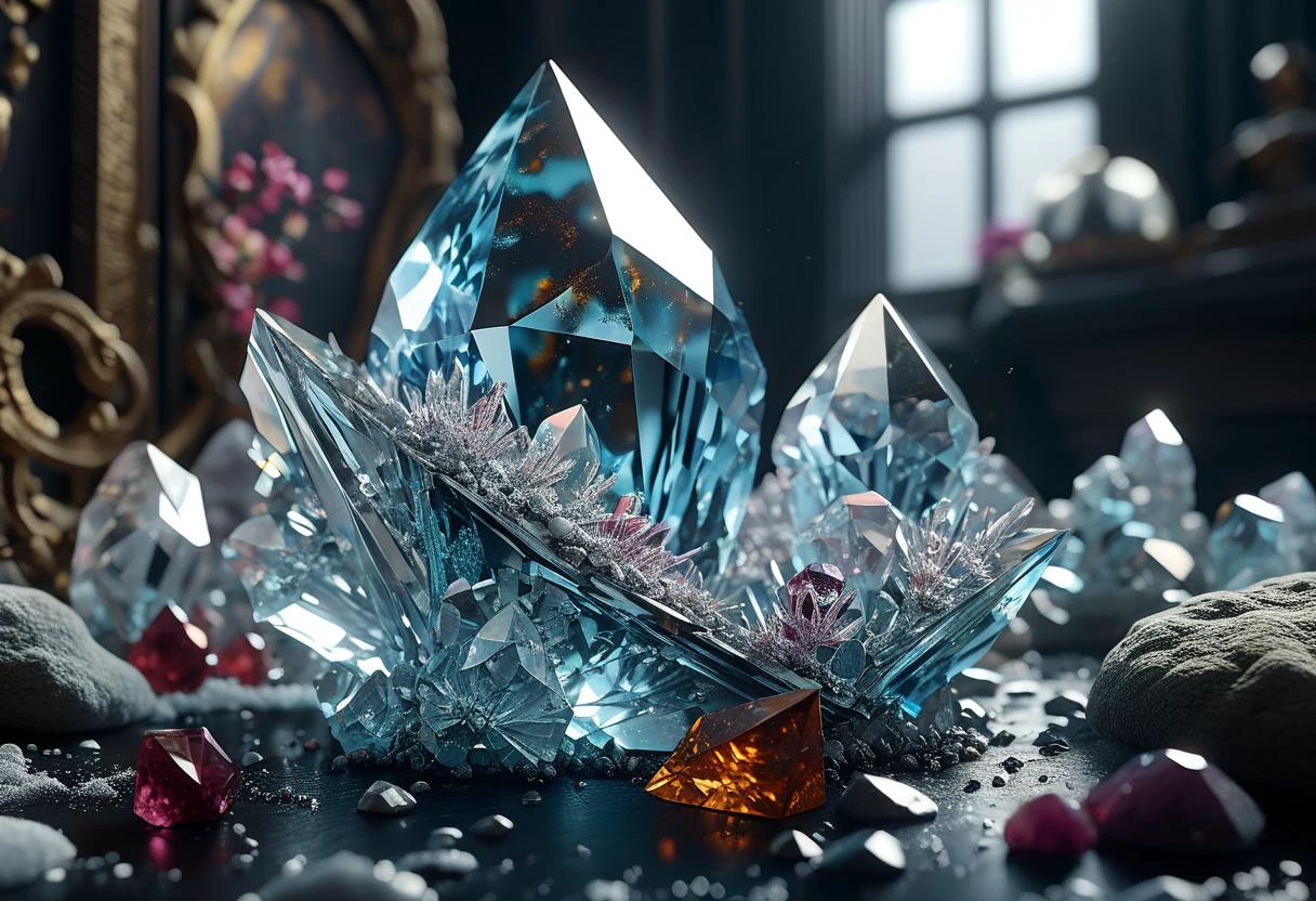 masterpiece, best quality, 8k, professional , by famous artist , trending on artstation, intricated details, detailed, realsitic, boekh , photorealistic, dark shadows, natural light, dramatic, source realistic, Crystals: Grow your own crystals using a crystal growing kit or borax and pipe cleaners. Capture the unique shapes and textures of the crystals as they form.