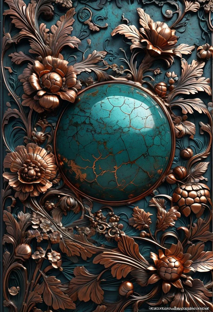 masterpiece, best quality, 8k, professional , by famous artist , trending on artstation, intricated details, detailed, realsitic, boekh , photorealistic, dark shadows, natural light, dramatic, source realistic, Oxidized Copper Surfaces: Photograph the intricate patterns and textures of oxidized copper, creating a sense of ancient and otherworldly decay.