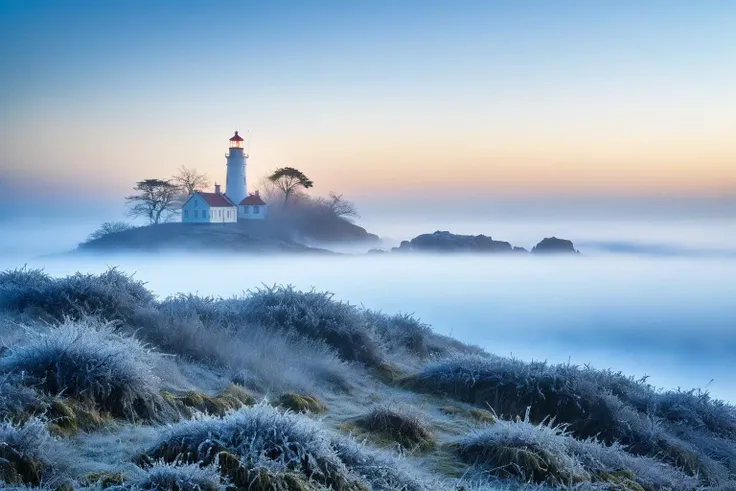 The island lighthouse at sunrise in 'Melancholy Mists', enveloped by gentle, melancholic layers of midnight blue fog, evoking the introspective beauty of memories past in the delicate unfurling frost tendrils