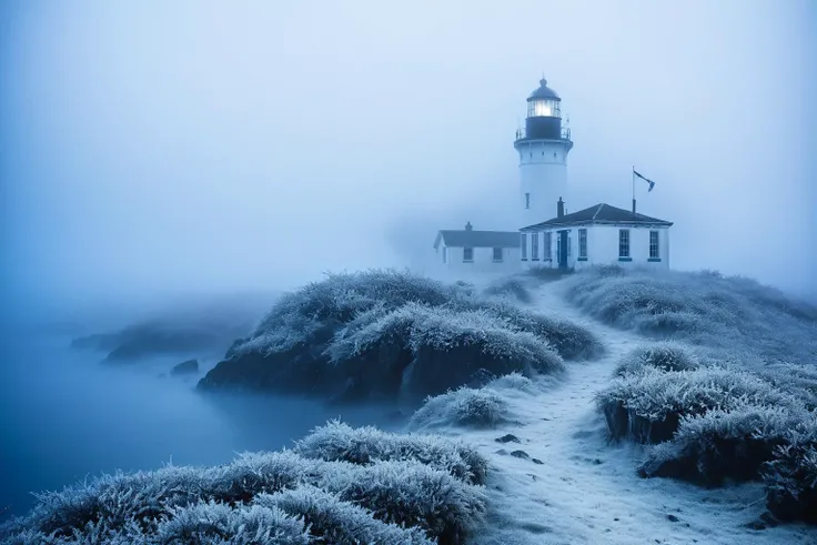 The island lighthouse in 'Melancholy Mists', enveloped by gentle, melancholic layers of midnight blue fog, evoking the introspective beauty of memories past in the delicate unfurling frost tendrils