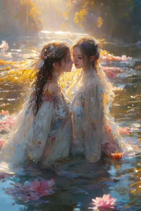 2girls,(masterpiece:1.2),best quality,multicolored,masterpiece,best quality,((an extremely delicate and beautiful)),floating,(detailed wet clothes),(detailed light),feather,nature,(sunlight),river,floating palace,beautiful and delicate water,(bloom),(shine),