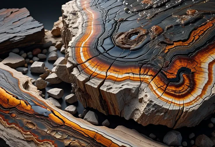 masterpiece, best quality, 8k, professional , by famous artist , trending on artstation, intricated details, detailed, realsitic, boekh , photorealistic, dark shadows, natural light, dramatic, source realistic, Petrified Wood: Capture the intricate grain and fossilized details of petrified wood, evoking a sense of timelessness and the passage of eons.