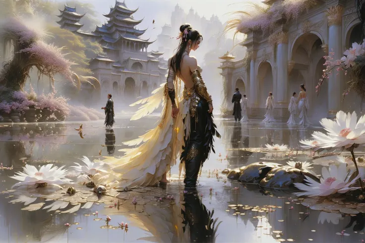 group of men and women,(masterpiece:1.2),best quality,multicolored,masterpiece,best quality,((an extremely delicate and beautiful)),floating,(detailed wet clothes),(detailed light),feather,nature,(sunlight),river,floating palace,beautiful and delicate water,(bloom),(shine),black and gold theme,combining the styles of Oscar Chichoni and Luis Royo