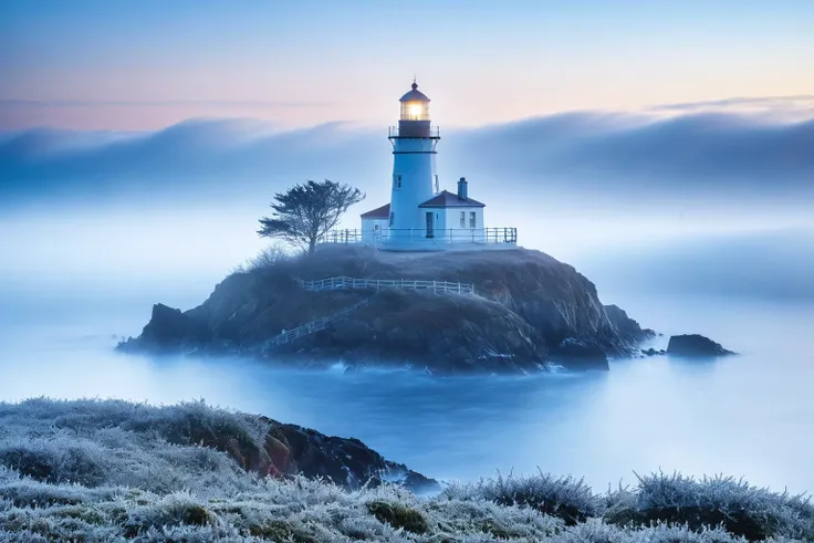The island lighthouse at sunrise in 'Melancholy Mists', enveloped by gentle, melancholic layers of midnight blue fog, evoking the introspective beauty of memories past in the delicate unfurling frost tendrils