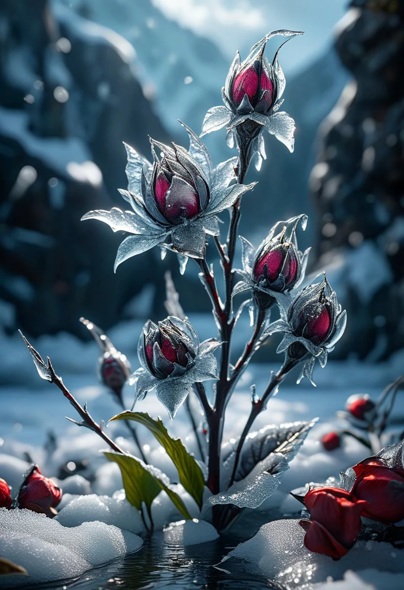 masterpiece, best quality, 8k, professional , by famous artist , trending on artstation, intricated details, detailed, realsitic, boekh , photorealistic, dark shadows, natural light, dramatic, source realistic, Frozen flower buds: Find flower buds encased in ice, preserving their beauty and vibrant colors beneath the frozen surface.