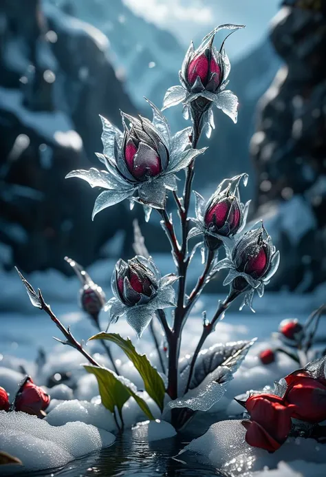 masterpiece, best quality, 8k, professional , by famous artist , trending on artstation, intricated details, detailed,   realsitic, boekh , photorealistic,  dark shadows, natural light, dramatic,  source realistic, Frozen flower buds: Find flower buds encased in ice, preserving their beauty and vibrant colors beneath the frozen surface.