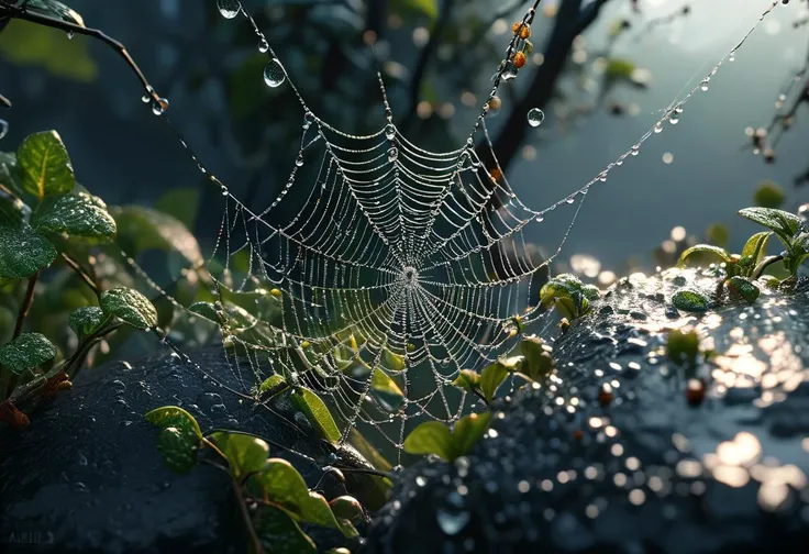 masterpiece, best quality, 8k, professional , by famous artist , trending on artstation, intricated details, detailed, realsitic, boekh , photorealistic, dark shadows, natural light, dramatic, source realistic, The delicate structure of a spider's web, with each strand glistening with morning dew.