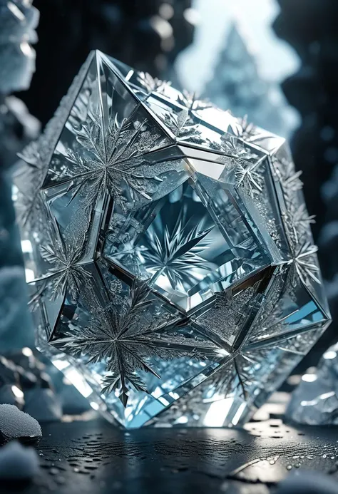 masterpiece, best quality, 8k, professional , by famous artist , trending on artstation, intricated details, detailed, realsitic, boekh , photorealistic, dark shadows, natural light, dramatic, source realistic, Ice Crystals: Explore the mesmerizing geometric forms and intricate structures of ice crystals, capturing their dazzling and otherworldly appearance.