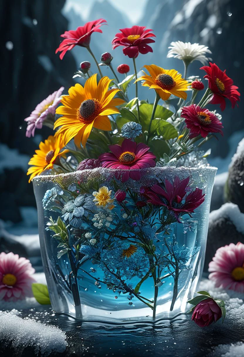 masterpiece, best quality, 8k, professional , by famous artist , trending on artstation, intricated details, detailed, realsitic, boekh , photorealistic, dark shadows, natural light, dramatic, source realistic, Frozen flowers: Fill a container with water and freeze it with flowers inside to create a stunning icy landscape. Use food coloring to add a splash of color.