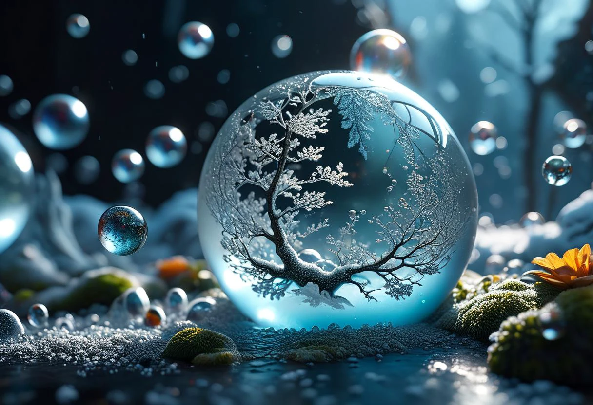 masterpiece, best quality, 8k, professional , by famous artist , trending on artstation, intricated details, detailed, realsitic, boekh , photorealistic, dark shadows, natural light, dramatic, source realistic, Frozen Bubbles: Capture the intricate patterns and shapes of soap bubbles frozen in time, showcasing the delicate and ephemeral nature of these ethereal structures.