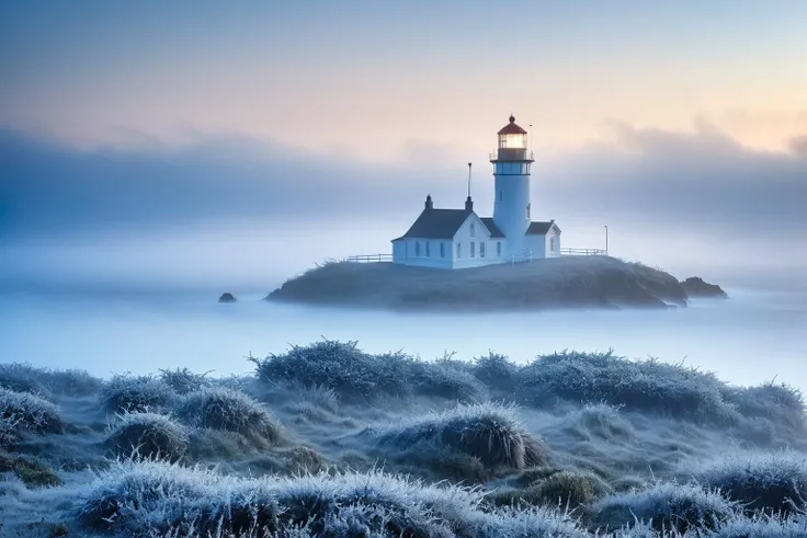 The island lighthouse at dawn  in 'Melancholy Mists', enveloped by gentle, melancholic layers of midnight blue fog, evoking the introspective beauty of memories past in the delicate unfurling frost tendrils