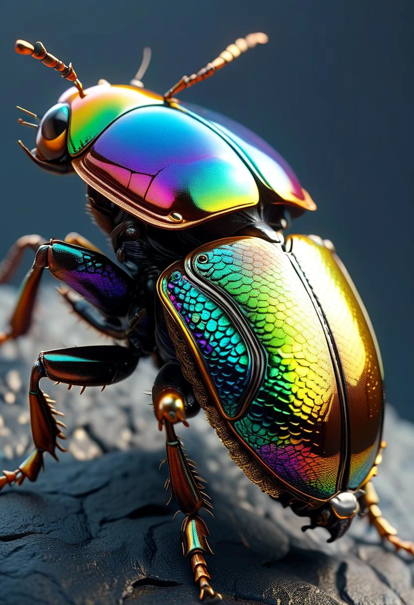 masterpiece, best quality, 8k, professional , by famous artist , trending on artstation, intricated details, detailed, realsitic, boekh , photorealistic, dark shadows, natural light, dramatic, source realistic, Colorful, iridescent scales on a beetle's exoskeleton