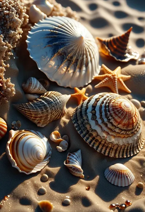 masterpiece, best quality, 8k, professional , by famous artist , trending on artstation, intricated details, detailed, realsitic, boekh , photorealistic, dark shadows, natural light, dramatic, source realistic, Seashells and Sand - The intricate patterns on seashells and the fine details of sand grains can be very striking when magnified.