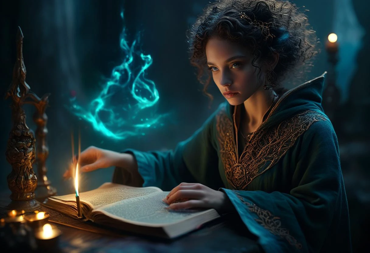 ((cinemtic shoot)) ((fantasy)) , ((rpg)), ((focus on character)), photo of 1 girl, ite body, 18 yo girl, slender, small breasts , huge afro from wood elves (bosmer) , as Wizard- wear long robe with intricated patterns glowing in the dark, magic symbols and runes, glowing cyan tattoo, holding magic book , aheago BREAK, perfect detailed face, intricated skin, realistic, ((photorealistic)) rim lights, dark shadows, cinematic scene , movie shoot , dark, zPDXL , , defined muscles, extremely detailed, glass reflection, dark shadows, detailed hands, (realistic fingers:1.3), hard light hard shadows, ,vellus,subcutaneous veins,, shallow depth of field, vignette, highly detailed, high budget Hollywood film, cinemascope, moody, epic, gorgeous, detailed background , ((darkfull )) , detailed realistic toes SK_Fantasy