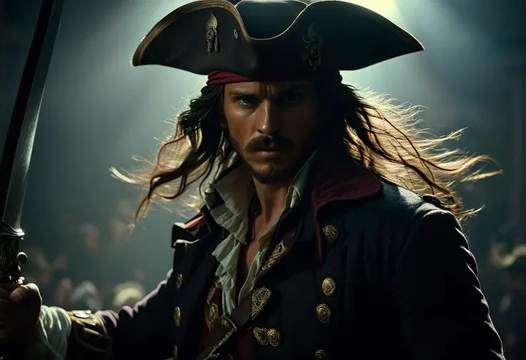 ((raw photo)), cinematic film still ((Top-Down Perspective shot)) ,  photo of Caspian Silverblade - A swashbuckling pirate captain with a tricorn hat, a flowing pirate coat, and a rapier at his side. , perfect detailed face, intricated skin,   realistic, ((photorealistic)) rim lights, dark shadows, cinematic scene , movie shoot  , dark, zPDXL <lora:add-detail-xl:1>  , (((very long hair))), face in the shadow, defined muscles, extremely detailed, glass reflection, dark shadows, detailed hands, (realistic fingers:1.3), hard light hard shadows, ,vellus,subcutaneous veins,, shallow depth of field, vignette, highly detailed, high budget Hollywood film, cinemascope, moody, epic, gorgeous,