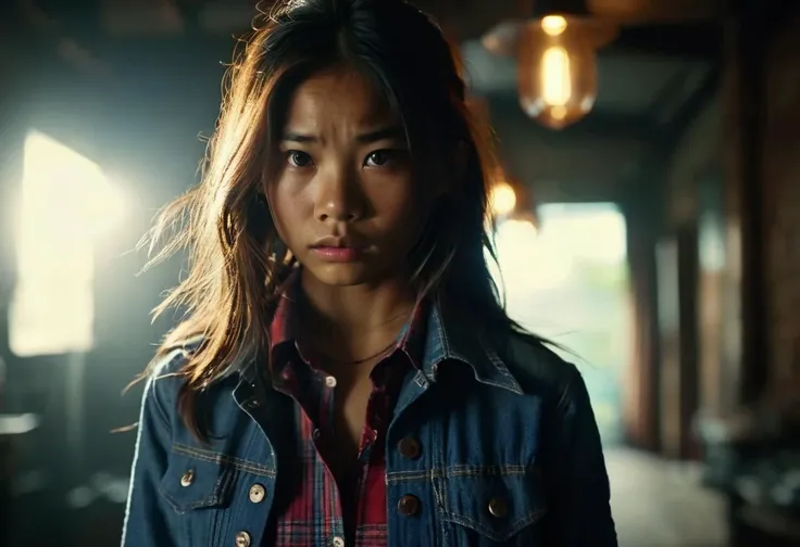 ((raw photo)), cinematic film still ((Aerial view Extreme Close shot)) ,  photo of dangerous young girl from thailand,  sad with pistol   and plaid skirt, chambray shirt, and ankle boots    , small breasts, perfect detailed face, intricated skin,   realistic, ((photorealistic)) rim lights, dark shadows, cinematic scene , movie shoot  , dark, zPDXL <lora:add-detail-xl:1>  , (((very long hair))), face in the shadow, defined muscles, extremely detailed, glass reflection, dark shadows, detailed hands, (realistic fingers:1.3), hard light hard shadows, ,vellus,subcutaneous veins,, shallow depth of field, vignette, highly detailed, high budget Hollywood film, cinemascope, moody, epic, gorgeous, expolsions in background