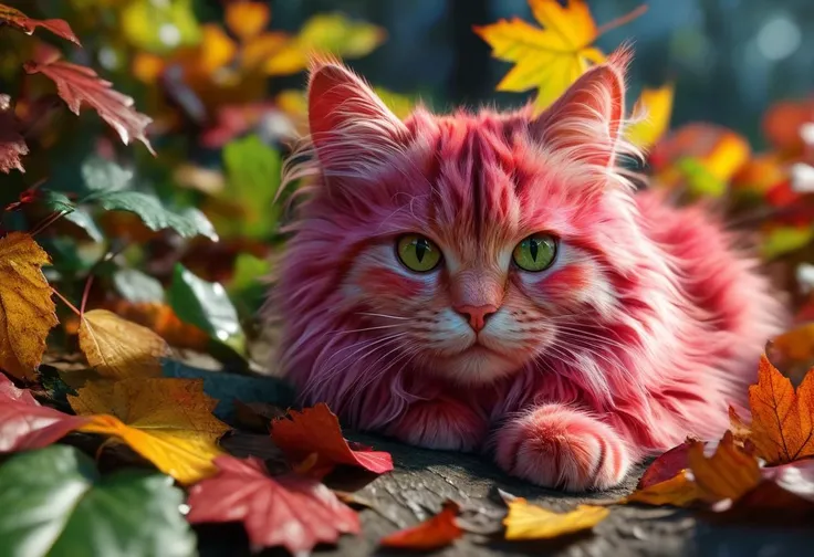 super cute pink fluffy cat, lovely , lie on leafs, vivid colors, colorfull, autumn ,source_realsitic, realistic, photorealisitc, masterpiece , best quality, BREAK, perfect detailed face, intricated skin, realistic, extremely detailed,, dark shadows,, hard light hard shadows, , shallow depth of field, vignette, highly detailed, 8k, best quality, dark, rim lights, cinematic shadows, ultra sahrp, ultra clear , score_9, score_8_up, score_7_up, <lora:detailed_notrigger:1> dark shadows