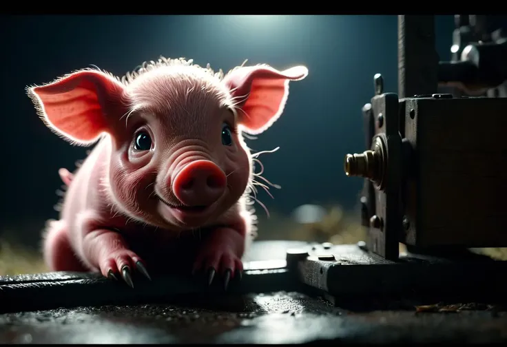 ((raw photo)), cinematic film still , Piglet animal, realistic, ((photorealistic)) rim lights, dark shadows, cinematic scene , movie shoot , dark, zPDXL , , extremely detailed, glass reflection, dark shadows, detailed hands, (realistic fingers:1.3), hard light hard shadows,, shallow depth of field, vignette, highly detailed, high budget Hollywood film, cinemascope, moody, epic, gorgeous,