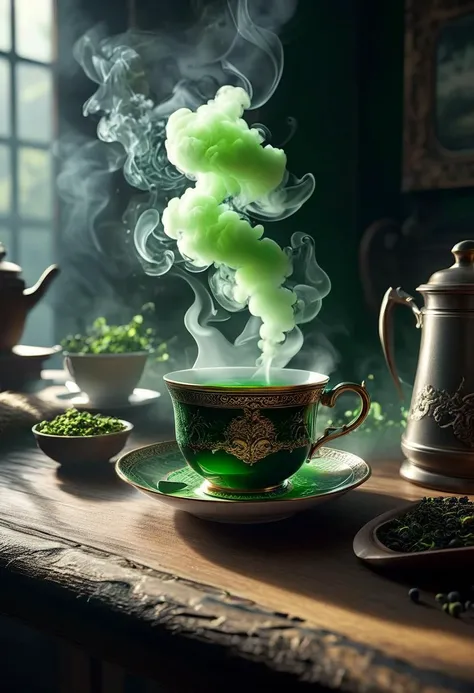 masterpiece, best quality, 8k, professional , by famous artist , trending on artstation, intricated details, detailed, realsitic, boekh , photorealistic, dark shadows, natural light, dramatic, source realistic, Green smoke rising from a steaming cup of tea: Capture the moment when the green smoke appears to rise from a hot cup of tea, giving the impression of a magical brew.